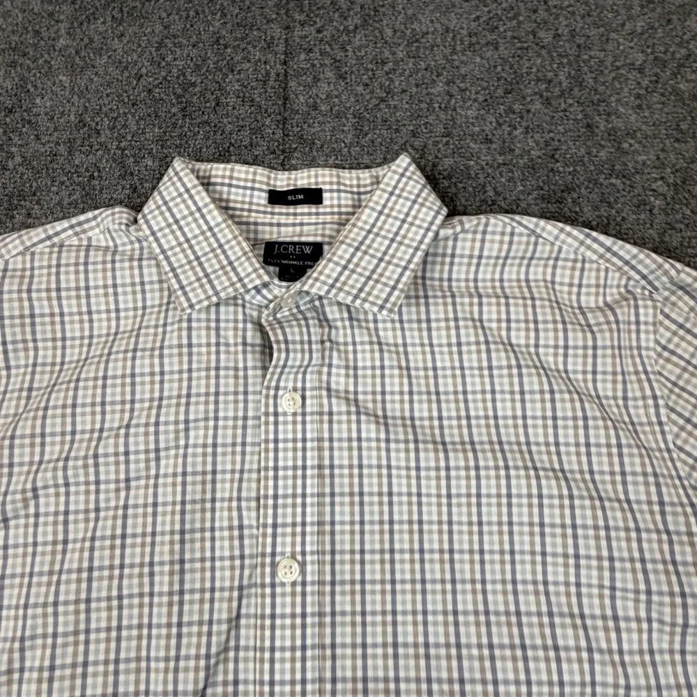 J.Crew Mens Slim Flex Wrinkle Free Plaid Button Down Shirt Blue Tan Large L
